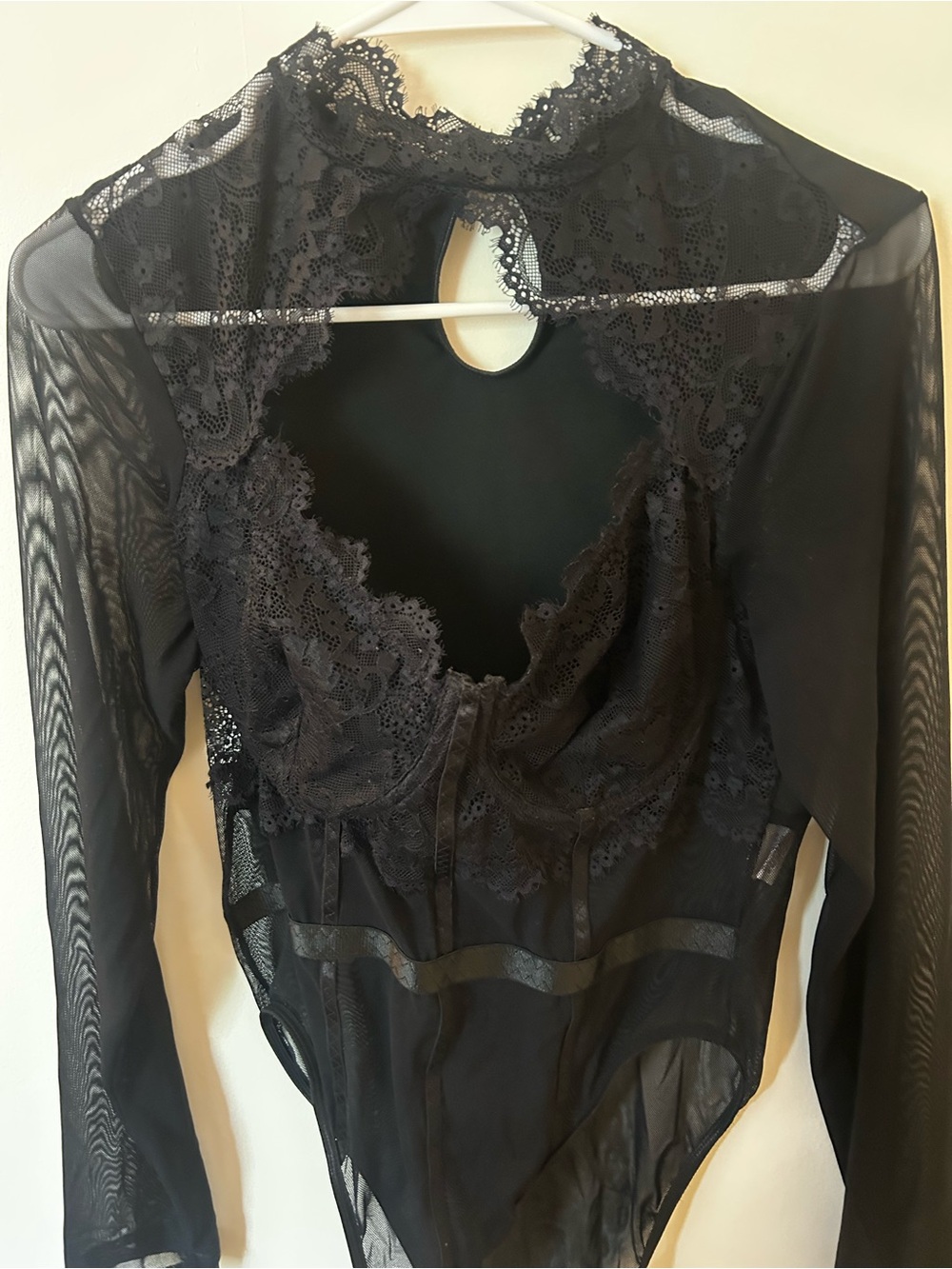 Sexy Lace Black Long-Sleeve Sheer Mesh Bodysuit